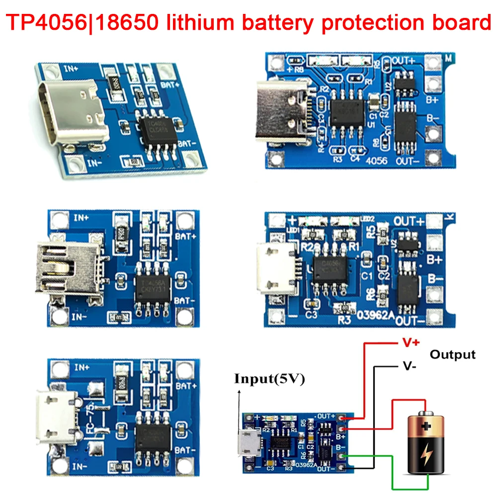

5PCS 5V 1A 18650 TP4056 Lithium Battery Charger Module Charging Board With Protection Dual Function Li-ion Micro/Type-c/Mini USB