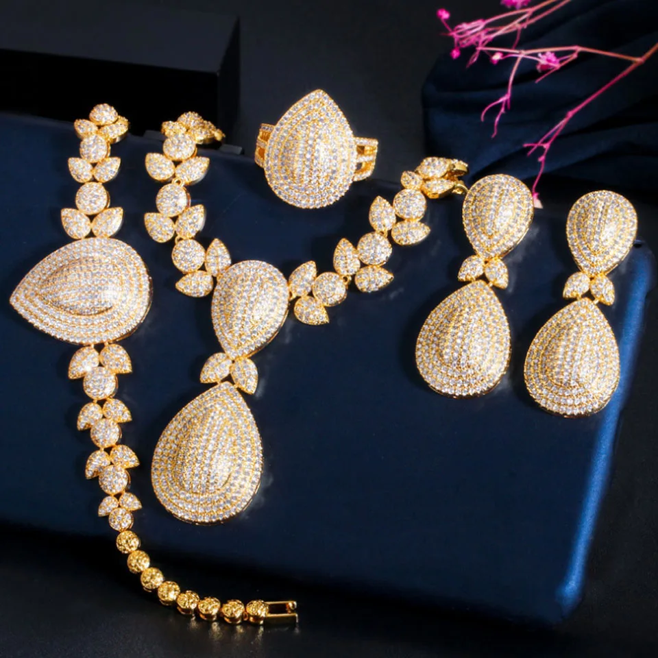 Zlxgirl Classic Full Mirco Paved zircon wedding necklace earring bracelet Ring jewelry of women's Bridal African Gold Jewellery