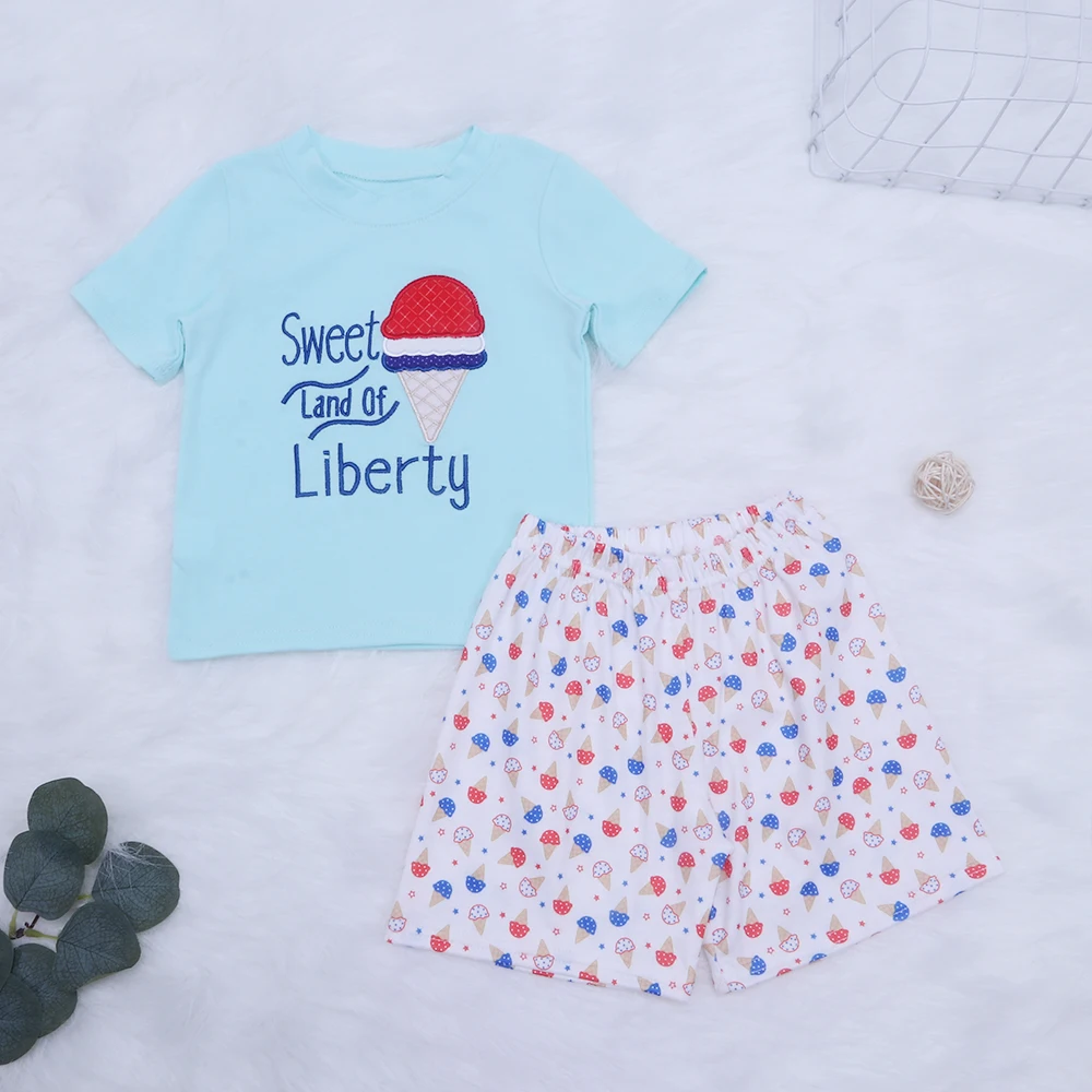 

Babi Boy Clothes Suit School Season Cotton Clothes Set Cute Ice Cream Embroidery T-shirt Lattice Leisure Sport Children Set