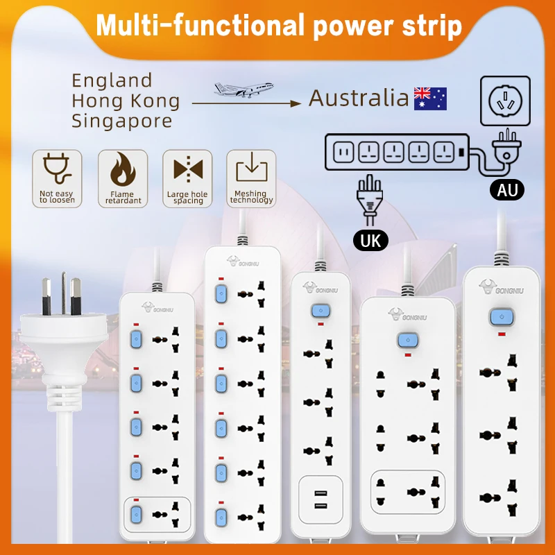 

UK to AU Plug Multi-functional Jacks Electrical Socket Power Strip Outlet Extender USB port Fast charging