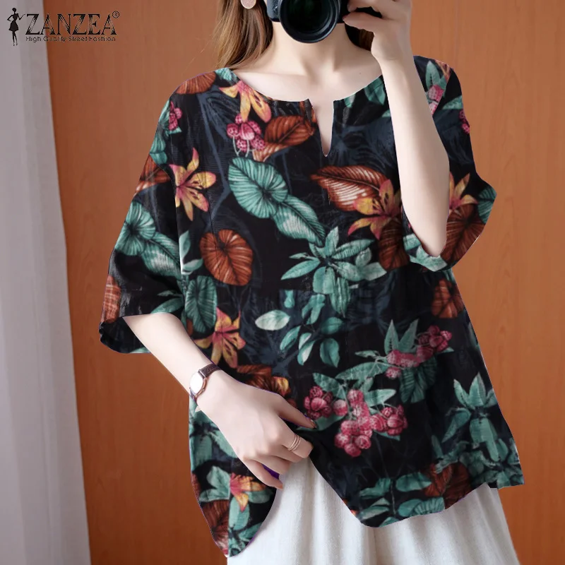

Summer Half Sleeve Blusa ZANZEA Vintage Printed Blouse Women Fashion O Neck Tops Casual Lady Baggy Shirt Holiday Oversized Tunic