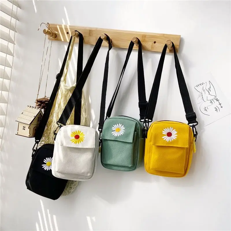 Single Shoulder Bag Fashion Solid Color Casual Handbag Outdoor Daisy Canvas Handbag Zipper Cross-body Bag Messenger Bag Women