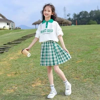teenager 2022 summer girls clothes child sets letters short sleeve t shirt polo plaid skirt kids suit baby 6 8 10 12 7 9 years