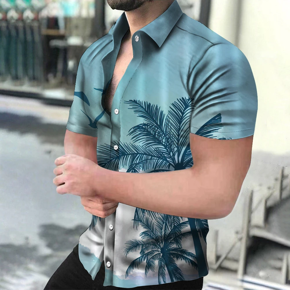 Men's Oversized Shirt 3d Coconut Trees Print Clothing Hawaiian Beach Men Blouse Vintage Lapel Short Sleeve Shirts Loose Tshirts