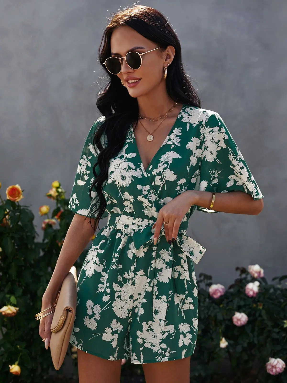 

Female Jumpsuit V-neck Printing Lace Up Streetwear Mid Waist Polyester Short Sleeve Playsuits Loose Jumpsuit Women 2022