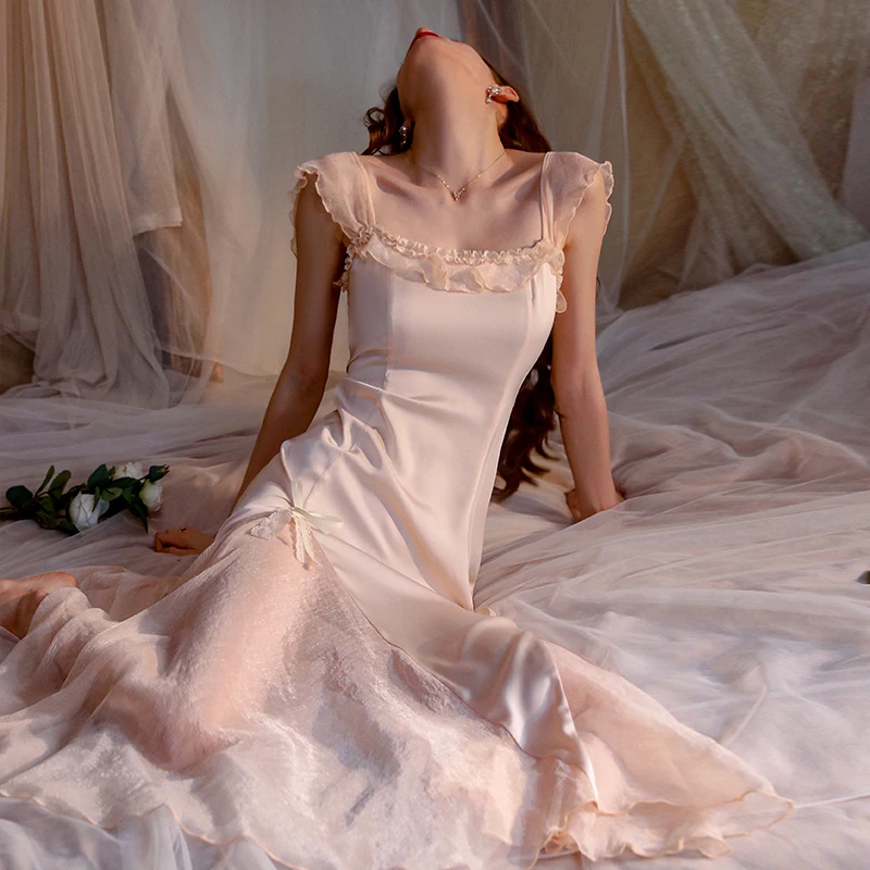 2023 Lingerie for Women Sexy Nightdress Satin Casual Breathable V-Neck Backless Long Skirt Solid Color Sweet Home Clothes Suit