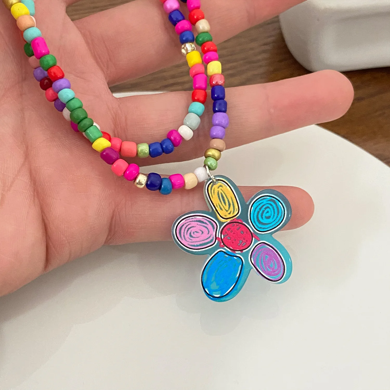 

Женское Двухслойное ожерелье с бусинами и цветами