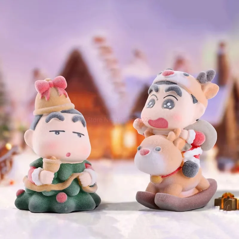 Crayon Shin-Chan Christmas Series Blind Box Flocking Kawaii Figures Collectable Doll Toys Desktop Ornaments Holiday Gift