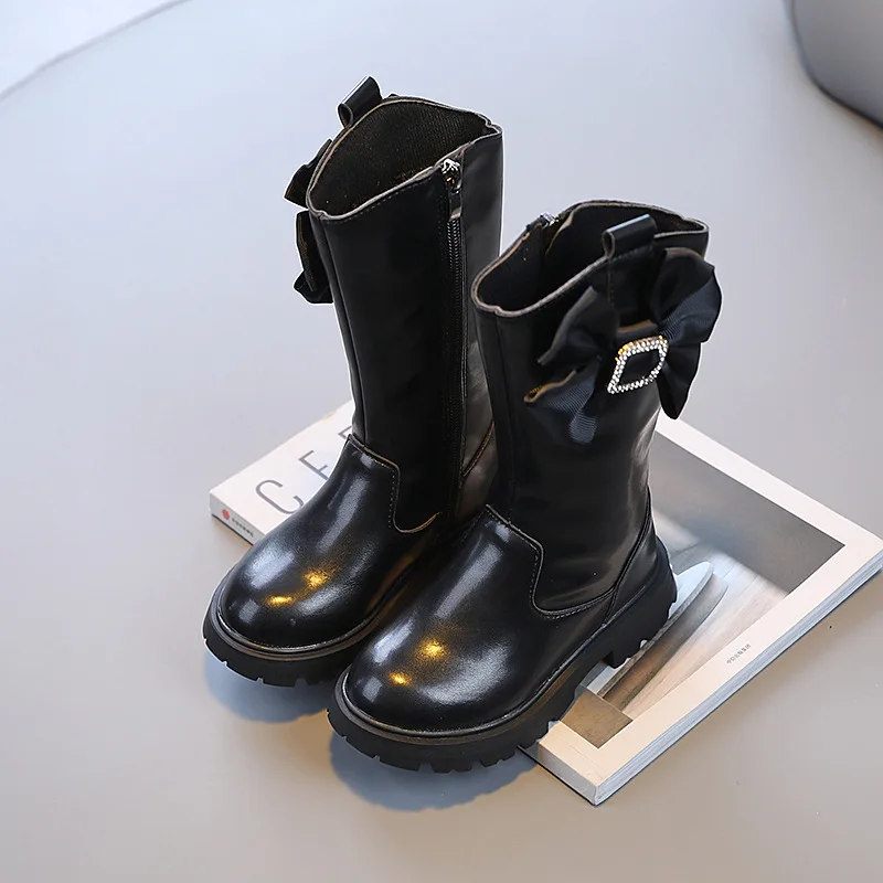 

Girls Black Long Boots Autumn and Winter 2022 New Plush Little Princess Versatile PU Side Rhinestone Bowknot Long Child Boots