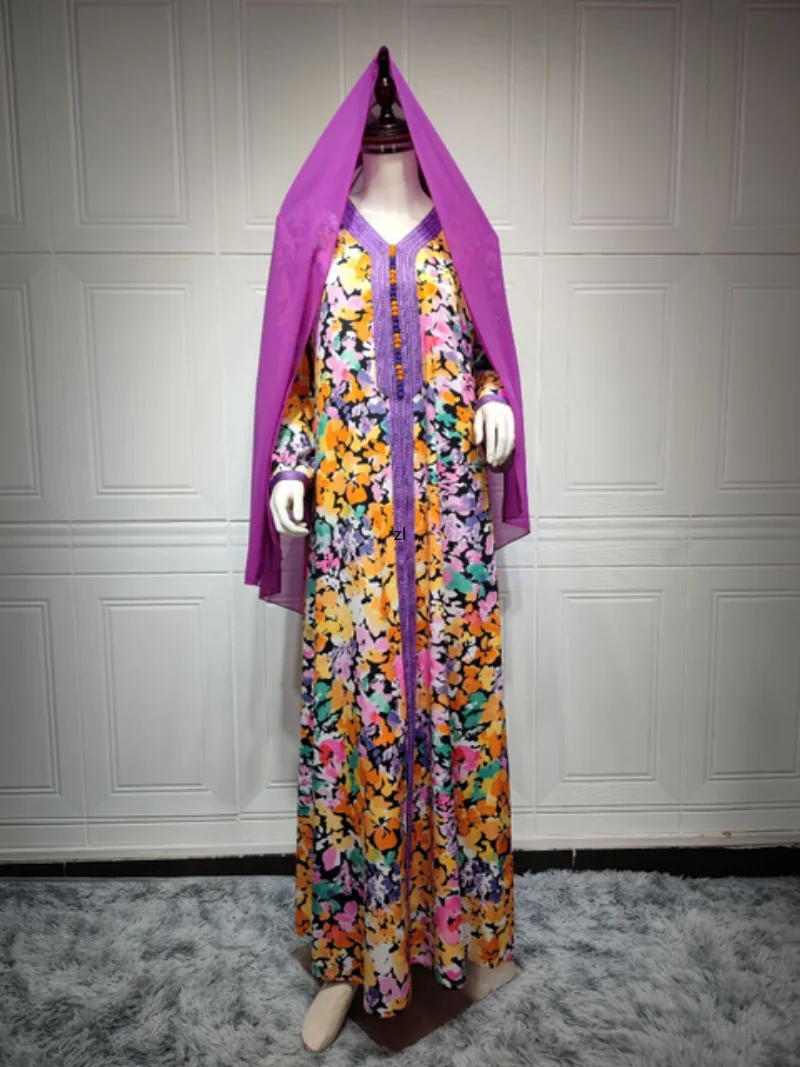 Eid Muslim Women Dress Floral Print Abaya Morocco Party Dress Prayer Abayas Long Sleeve Robe Ramadan Musulman Maxi Vestidos 2023
