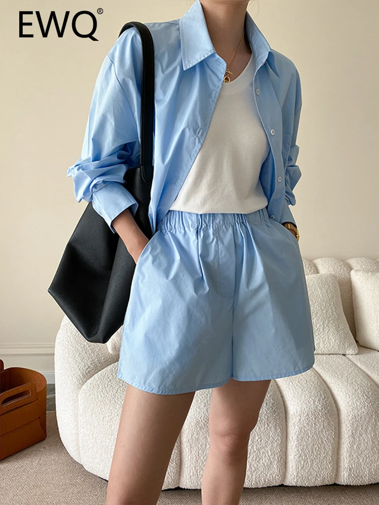

EWQ Fashion Sunscreen 2 Piece Set For Women Lapel Long Sleeve Shirt Elastic High Wiast Loose Shorts 2023 Summer New 26D4069