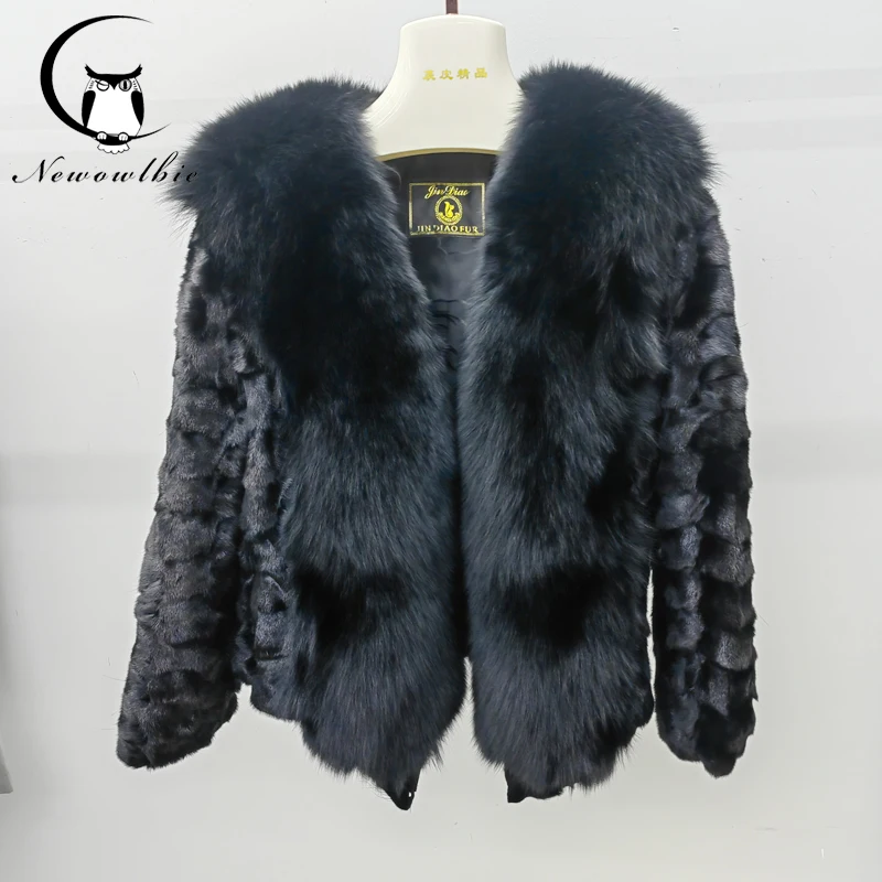 New Women Winter 100% mink Fur Warm Coat Full fox fur placket Fashion Short Pluffy Fur Jacket Femme black Real fur coat