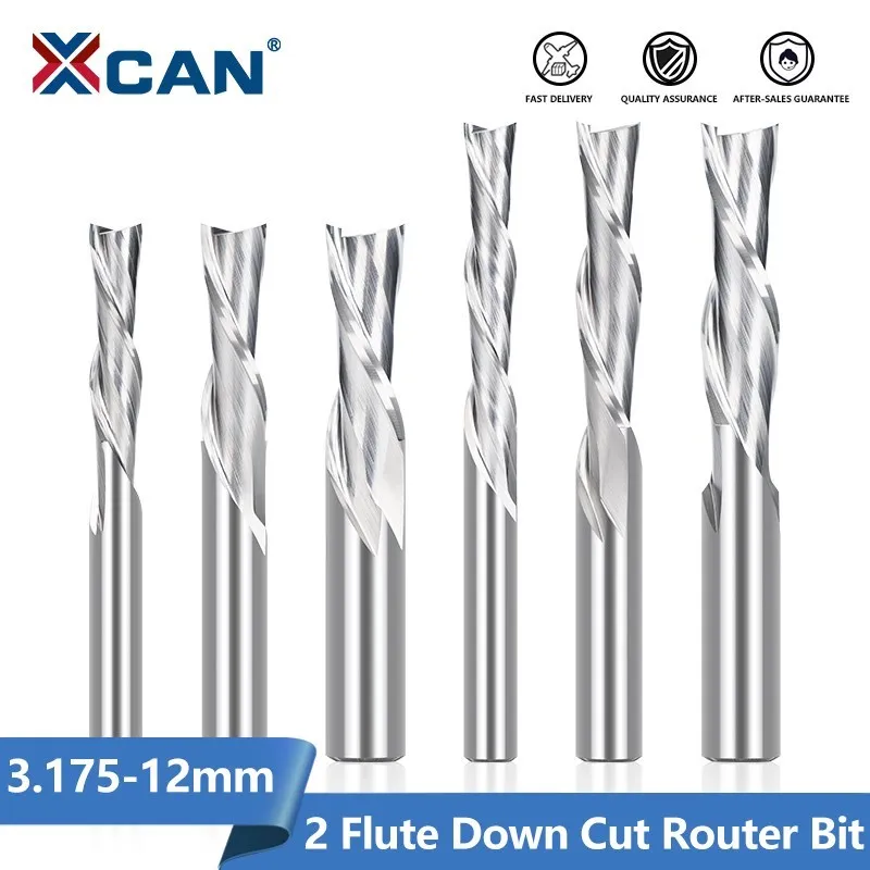 XCAN DOWN Cut Milling Cutter For Woodworking 2 Flute Carbide Endmill CNC Spiral Router Bits 3.175/4/6/8/10/12mm Shank
