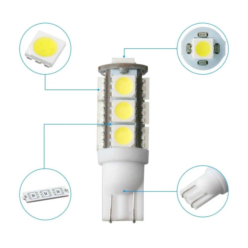 Фото Комплект из 2 автомобильных ламп T10 W5W 194, сигнальные огни, 13 SMD 5050 LED, для салона, купольные, для чтения, боковые, для багажника, 12В №4