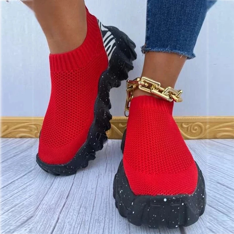 

2022 Women Platform Sneakers Slip-on Elastic Band Vulcanized Female Leopard Sport Shoes Ladies Summer Footwear Plus Size