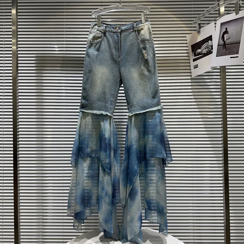 

PREPOMP 2023 осеннее Новое поступление сетчатые голубые Лоскутные тонкие расклешенные джинсовые брюки женские длинные джинсы GL553