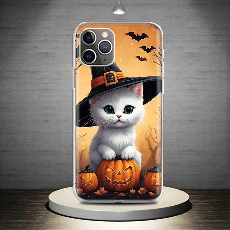 Чехол для телефона Черный котенок с тыквой на Хэллоуин iPhone 11 12 13 Mini 14 15 16 Pro Max 7 Plus X