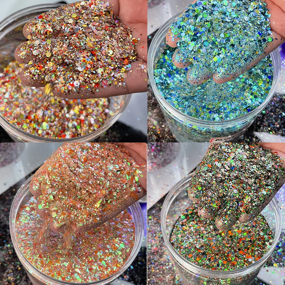 50g/Bag Holographic Chunky Nail Glitter Bulk Colorful Mixed Hexagon Sequins Flakes For Cosmetic/Face/Body/Eye/Hair Decorations