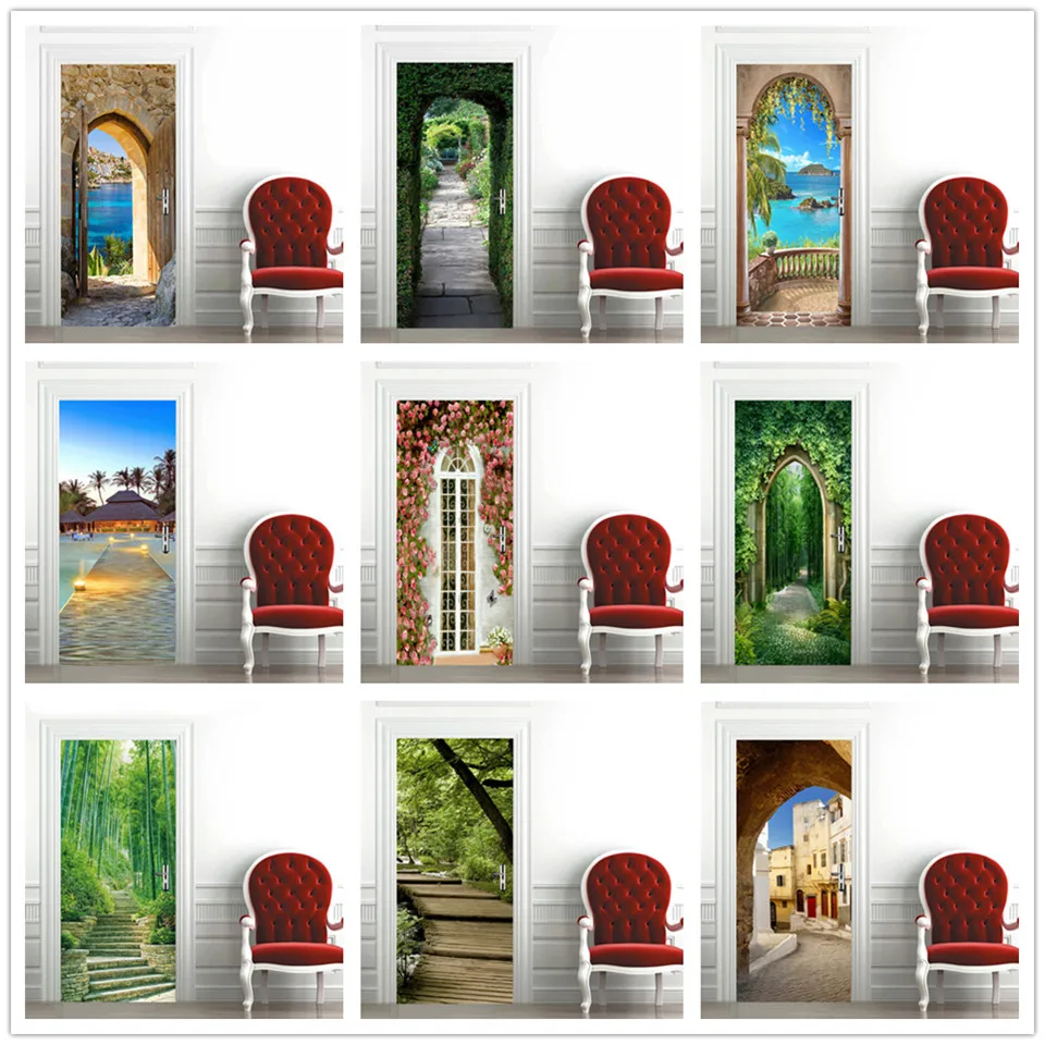 

Green Nature Landscape 3D Door Sticker Wallpaper Self-adhesive Poster Mural Home Design Door Decoration Decal deur sticker porte