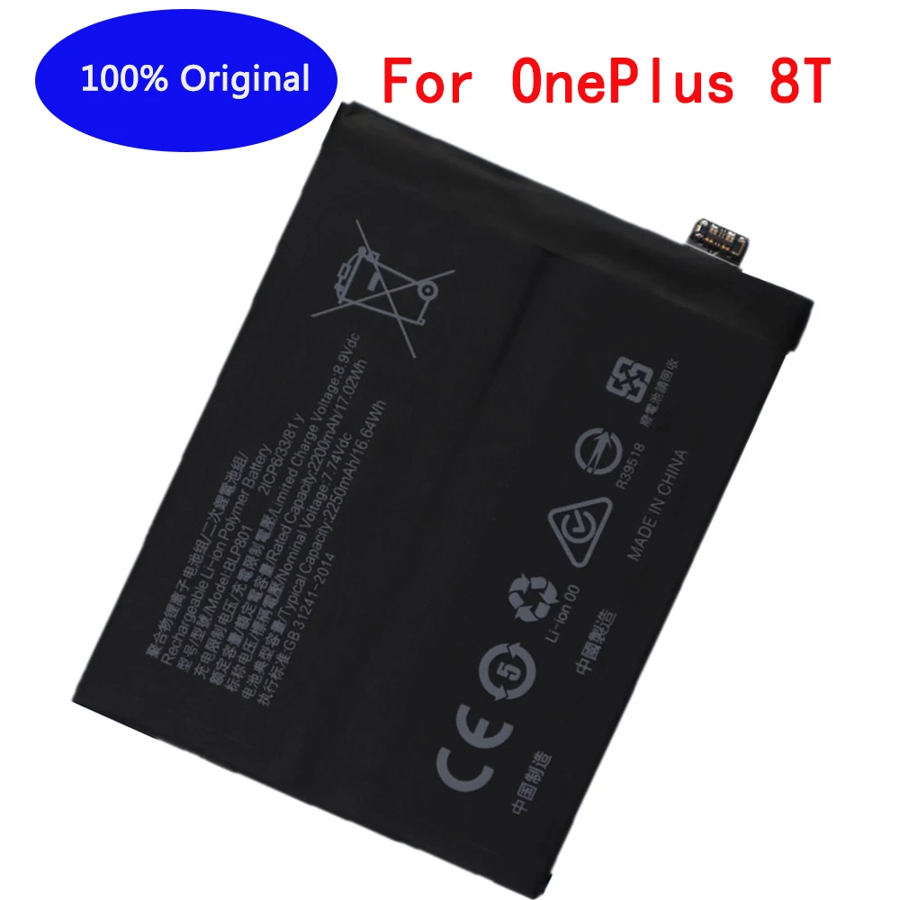 

Новинка 100% оригинальный сменный аккумулятор Oneplus 2250 мАч BLP801 для мобильного телефона OPPO Oneplus 8T