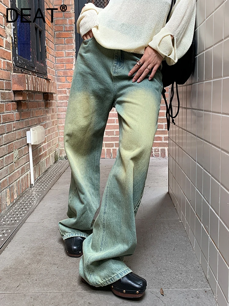 

Женские джинсовые брюки в стиле ретро DEAT, модные штаны из искусственной джинсовой ткани с высокой талией и широкими штанинами в пол, 7AB334, осень 2023