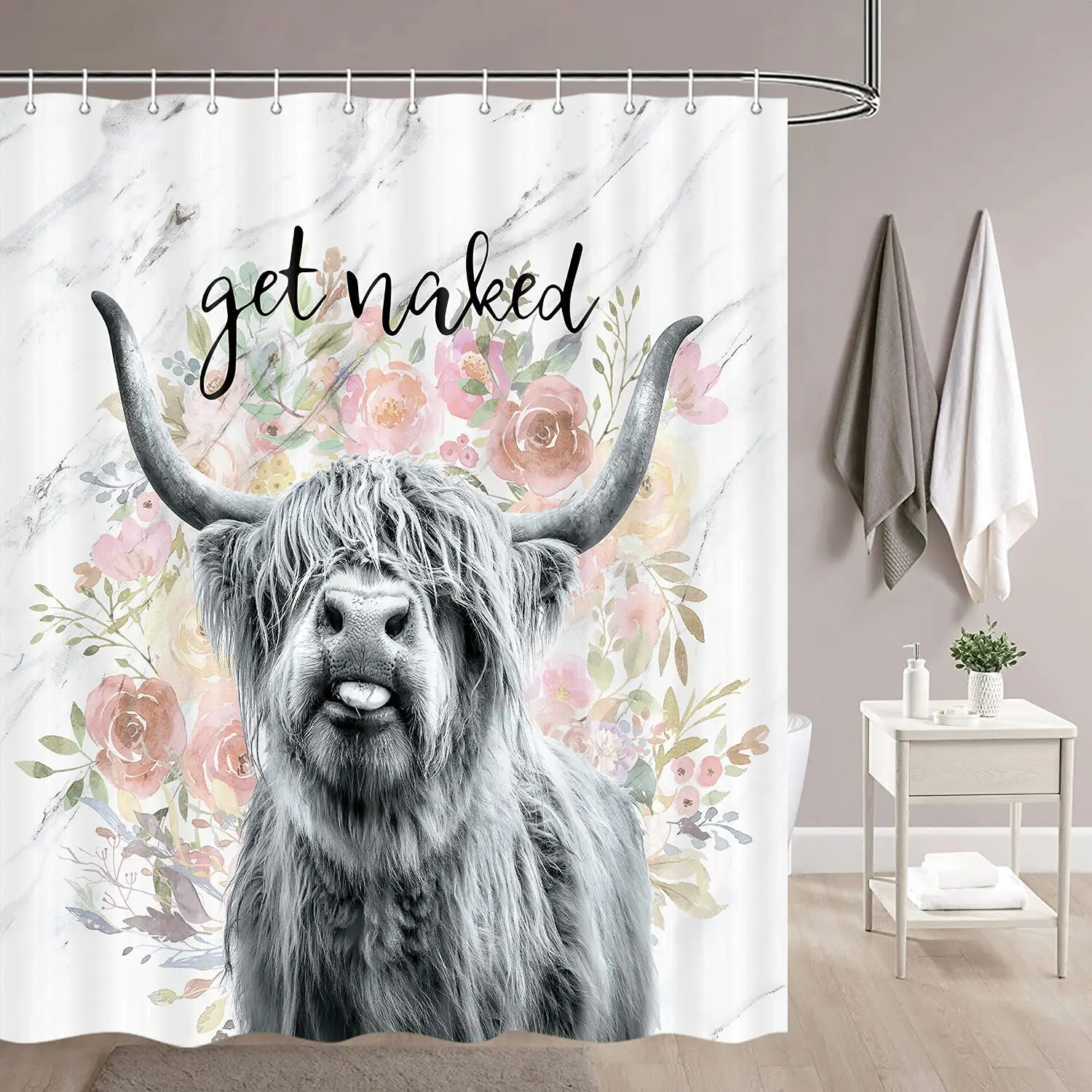 

Get Naked Fabric Shower Curtain Farmhouse Highland Cow Bull Shower Curtains with 12 Hooks Funny Cattle Bull Cow Floral on Marble