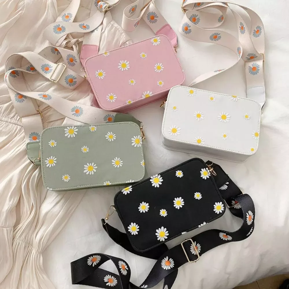

Fashion Small Daisy Female Bags Wide Nylon Shoulder Strap Shoulder Messenger Bag Sac Summer New Printed Small Square Bag