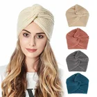 Хиджаб в стиле бохо для мусульманской женщины, банданы с узлом, вязаный теплый мусульманский шарф, зимний тюрбан, шапка, однотонный перекрестный головной платок