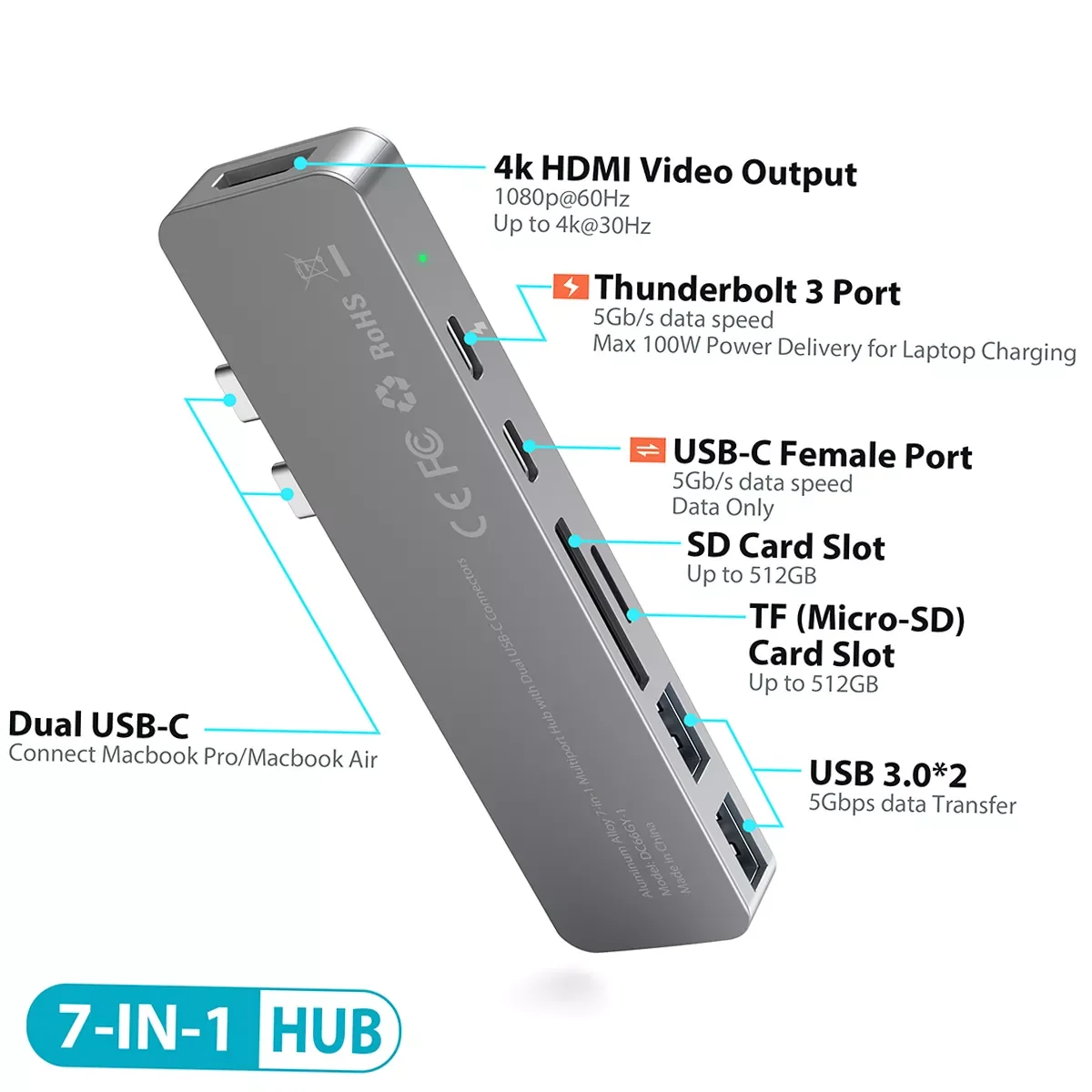 

Newest dodocool USB C HUB Type C to HDMI-compatible USB 3.0 Adapter 7 in 1 Type C HUB Dock for MacBook Pro Air USB C Splitter
