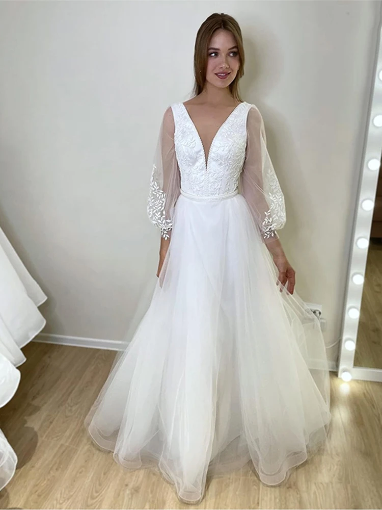 

Женское свадебное платье со шлейфом, элегантное фатиновое платье с длинными рукавами-фонариками и глубоким V-образным вырезом, аппликацией, 2023
