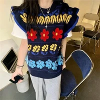 women minimalist harajuku student floral pattern basic korean knitted tops sweater autumn loose stylish retro ruffle vest female