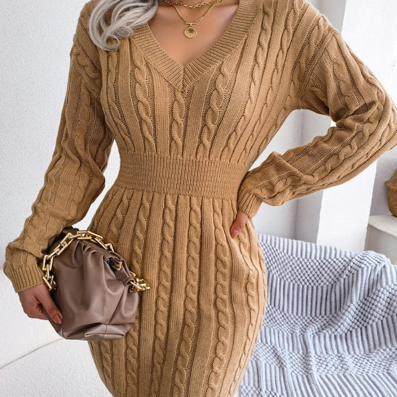 

Fashion Twist Knit Sweater Dress For Women Autumn Dresses 2023 New Winter Elegant V-neck Full Sleeve Waist Mini Dress
