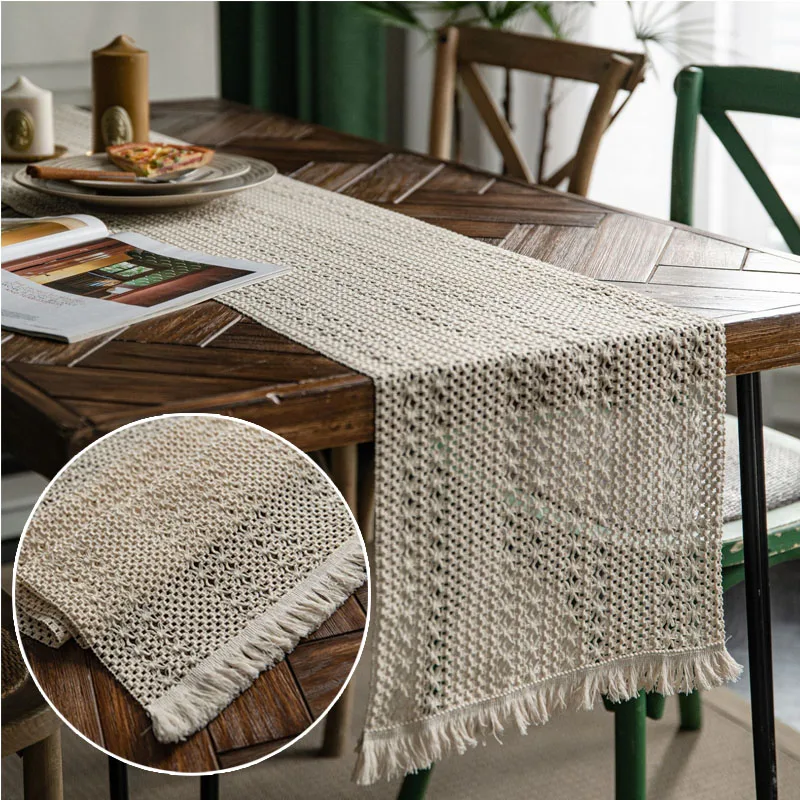 

1PCS Boho Tassel Tablecloth Thickened Easy Clean Cotton Holiday Wedding Home Table Decoration Hollow Tablecloth