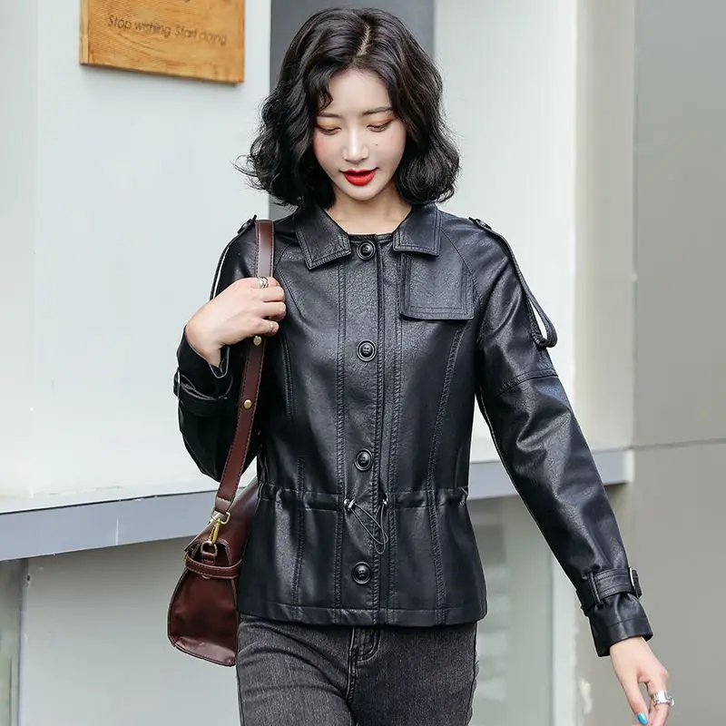 Spring Autumn Ladies Vintage Faux Leather Jacket 2022 New Short Clothes Long Sleeve  Female PU Streetwear Outerwear L14