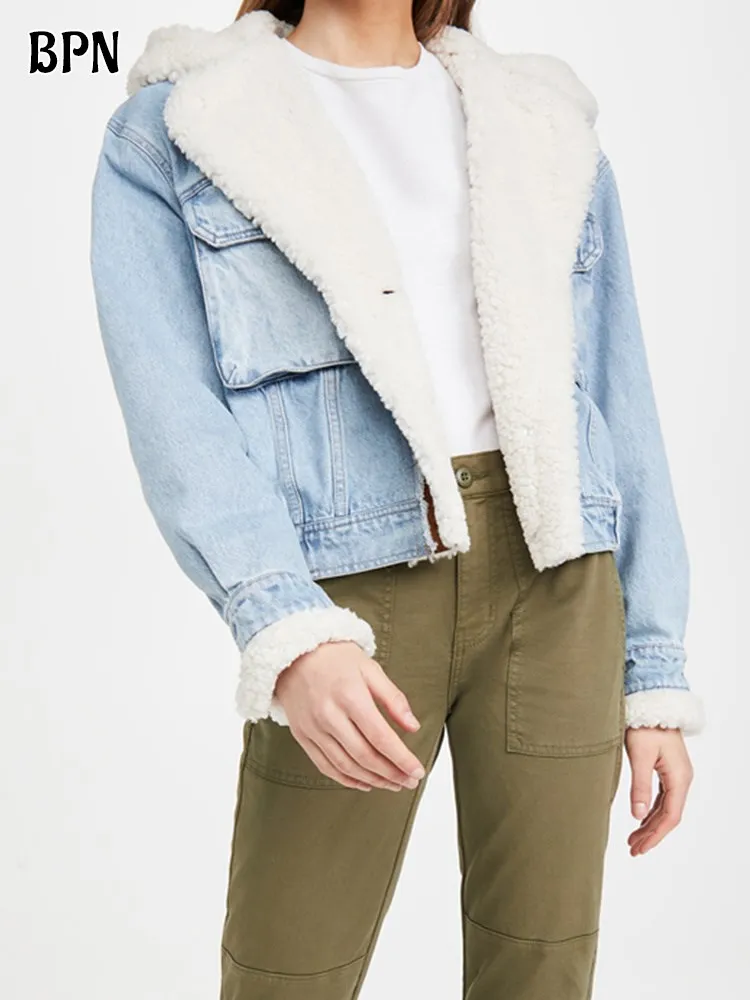 

BPN Hit Color Coats For Women Hooded Collar Long Sleeve Patchwork Single Breasted Streetwear Loose Cotton Jackets Female Clothes