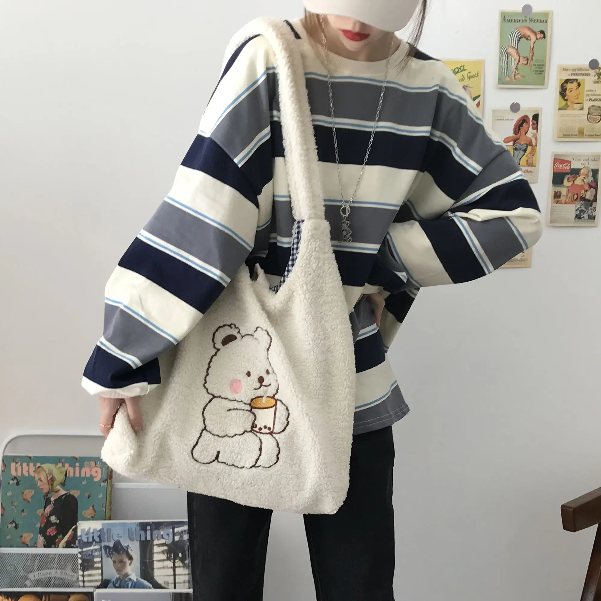 

Women Canvas Tote Purse Lamb Like Fabric Shoulder Bag Bear Embroider Crossbody Handbag Casual Shopper Bag Cute For Girl