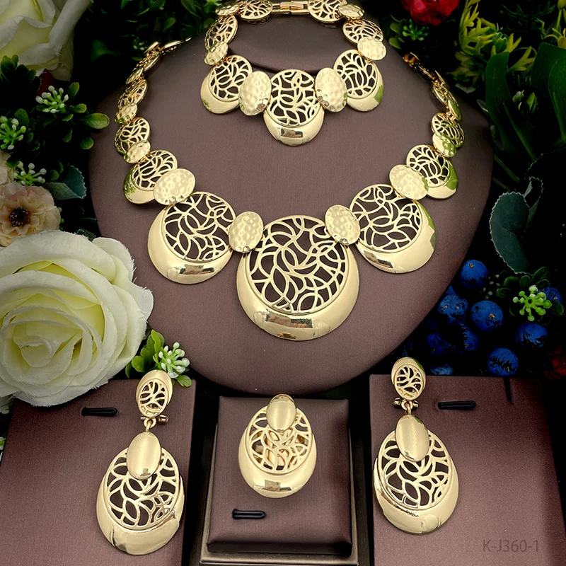 

Gold Plated Rhinestone Jewelry Sets For Women Earrings Necklace Bracelet Large Pendant Wedding Party Gift