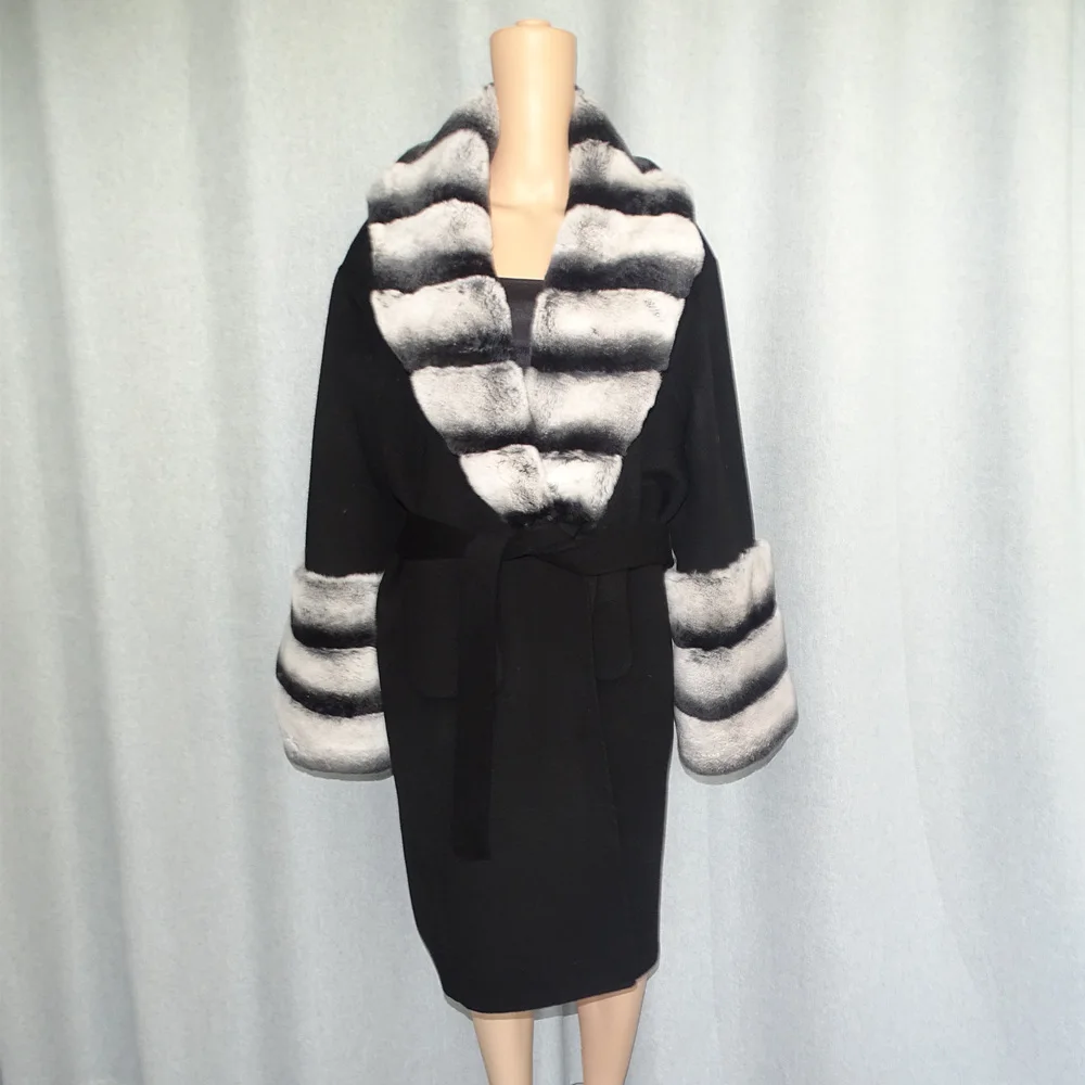 New Winter Women Real Fur Coat Lexus Rex Rabbit FurJacket Long 100% Woolen Overcoat Big Fur Collar Fashion Streetwear
