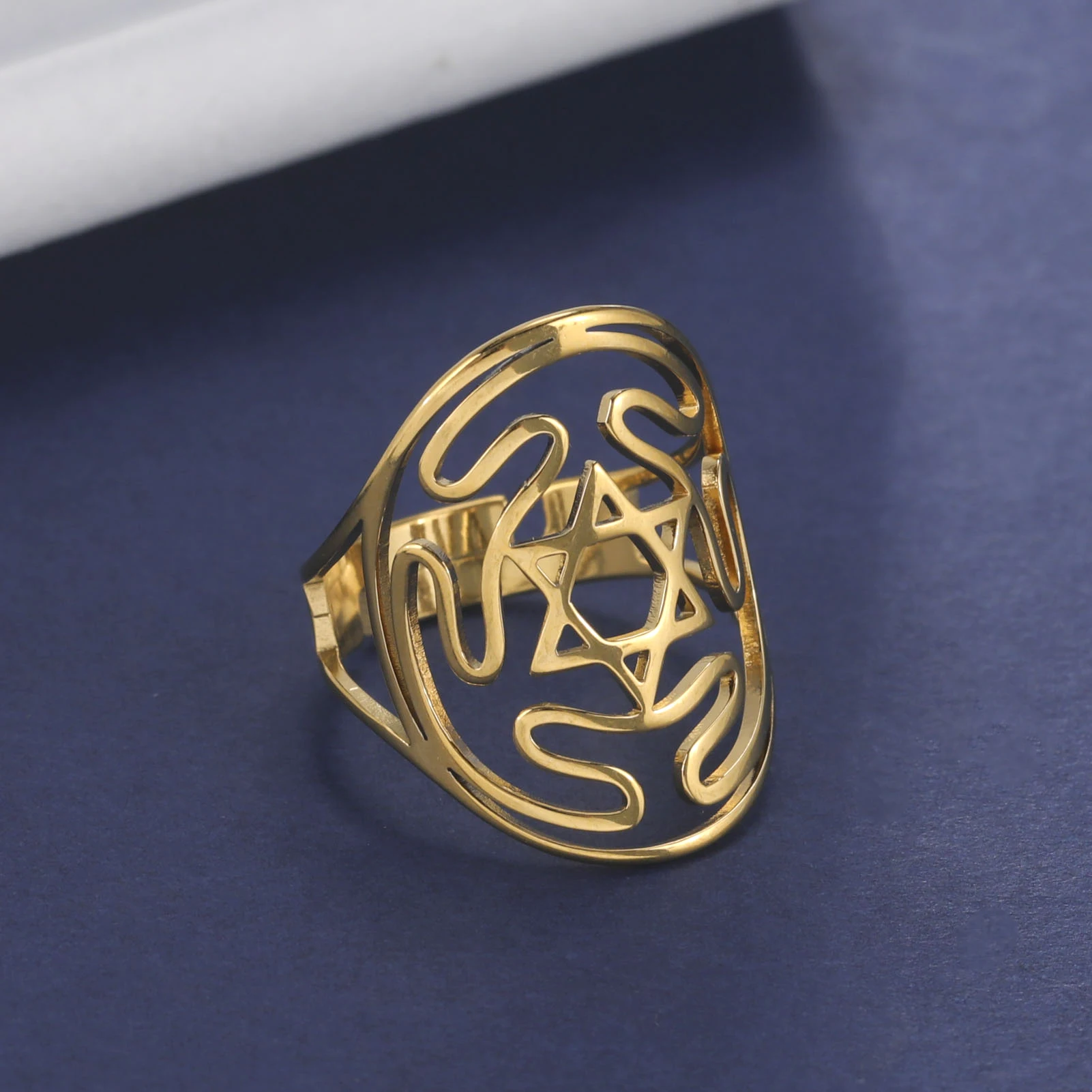 

Hollow Six-pointed Star Curved Pattern Open Ring for Women Men Simple Stainless Steel Gold Silver Color Necklace Birthday Gift