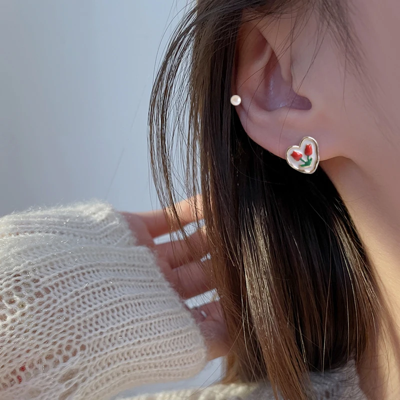 3 пары милых крошечных серег-гвоздиков набор цветочных сердечек посеребренная