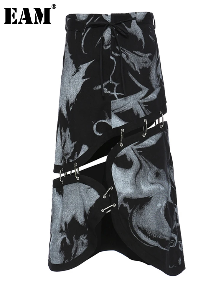 

[EAM] High Elastic Waist Black Irregular Removable Denim Half-body Skirt Women Fashion Tide New Spring Autumn 2023 1DF5206