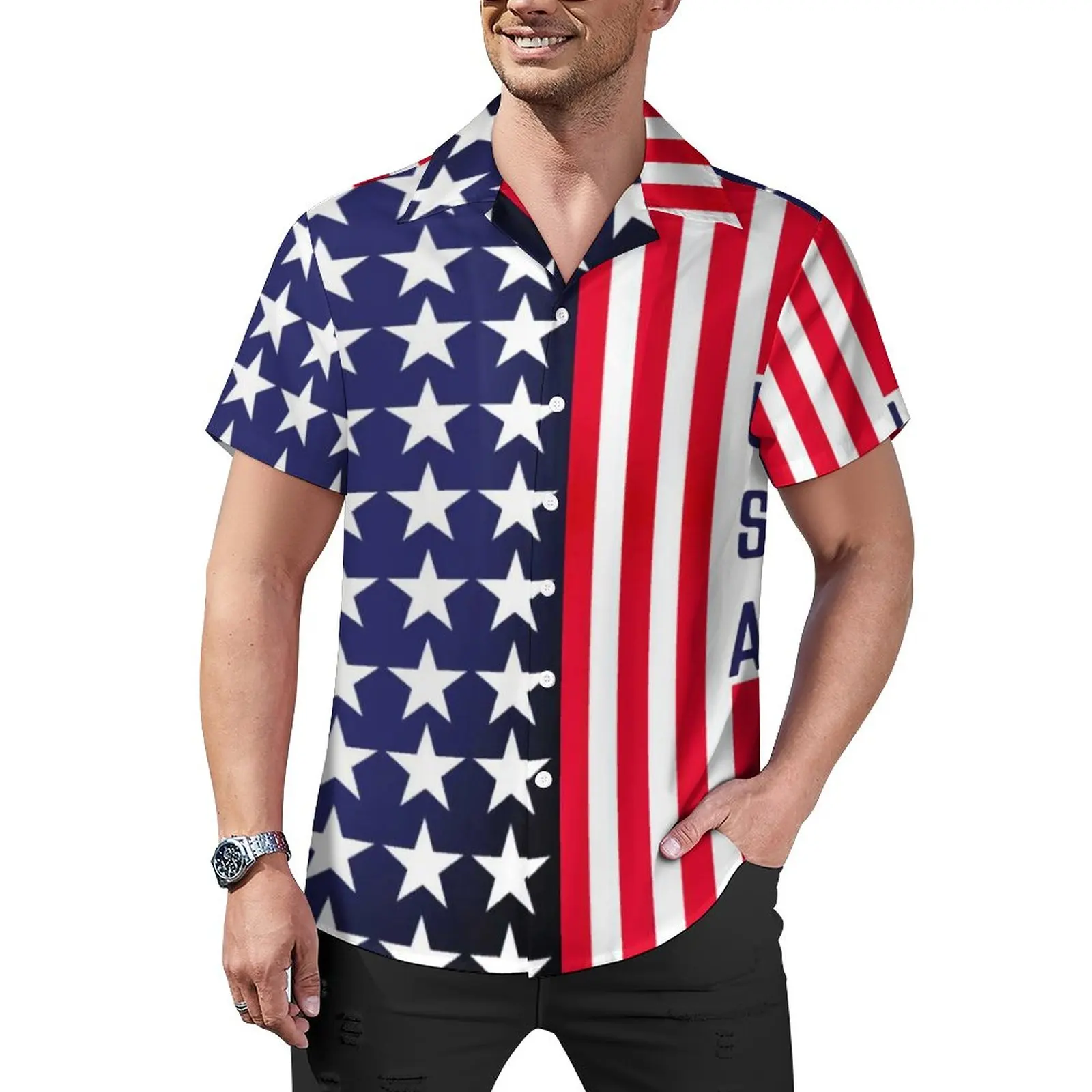 

USA American Flag Beach Shirt Patriotic Modern Stars Stripes Summer Casual Shirts Men Retro Blouses Short-Sleeved Custom Tops
