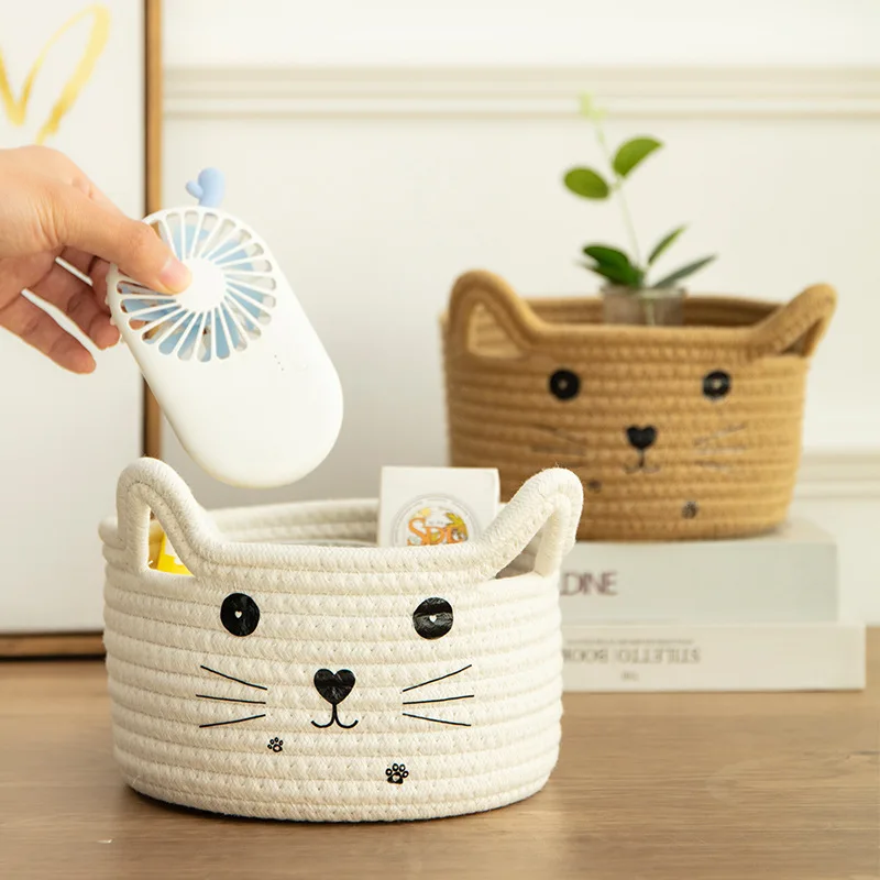 

Cartoon Cat Hand Woven Storage Basket Kids Toys Desktop Organizer Sundries Storage Box Laundry Baskets 21*12CM 1Pcs