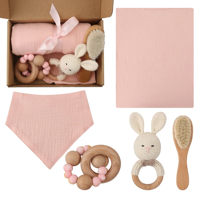 

5 Pcs Baby Bath ToysSet Rabbit Rattle Newborn Hair Brush Bib Facecloth Teether