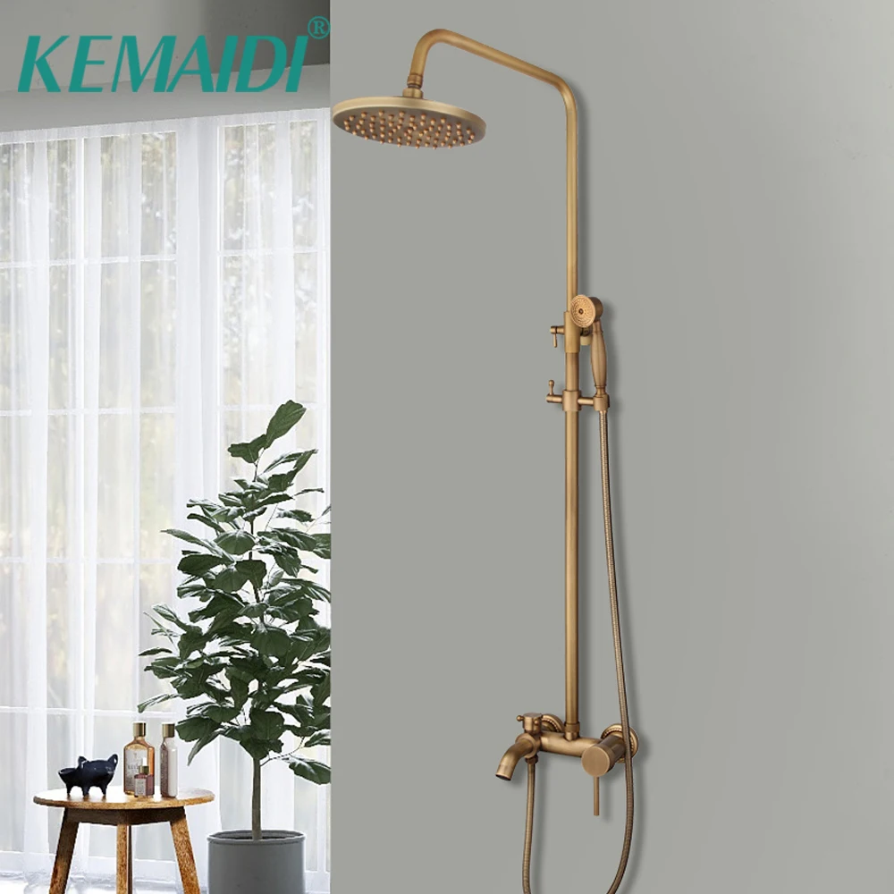 

KEMAIDI Antique Brass Wall Mount Rainfall 8 Inch Round Head 3 Functions Hand Shower Bathroom Shower Faucet Set Mixer Taps