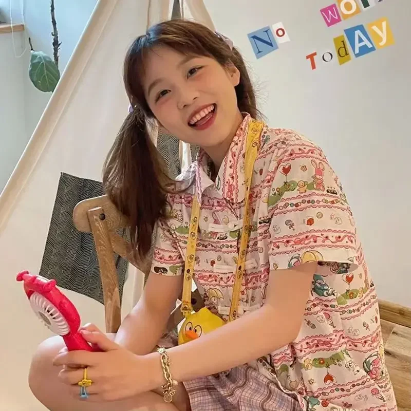 Блузка с кукольным воротником и мультяшным кроликом женская рубашка коротким