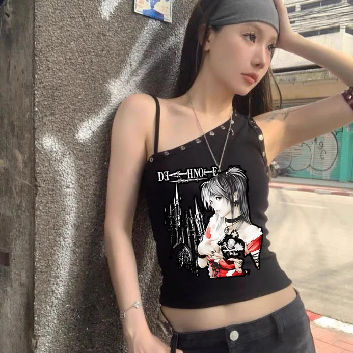 Фото Футболка женская Misa Amane в стиле Y2K, аниме, уличная одежда 90-х, с принтом, в стиле Харадзюку, простая винтажная укороченная футболка, эстетичная, эмо, повседневная №3