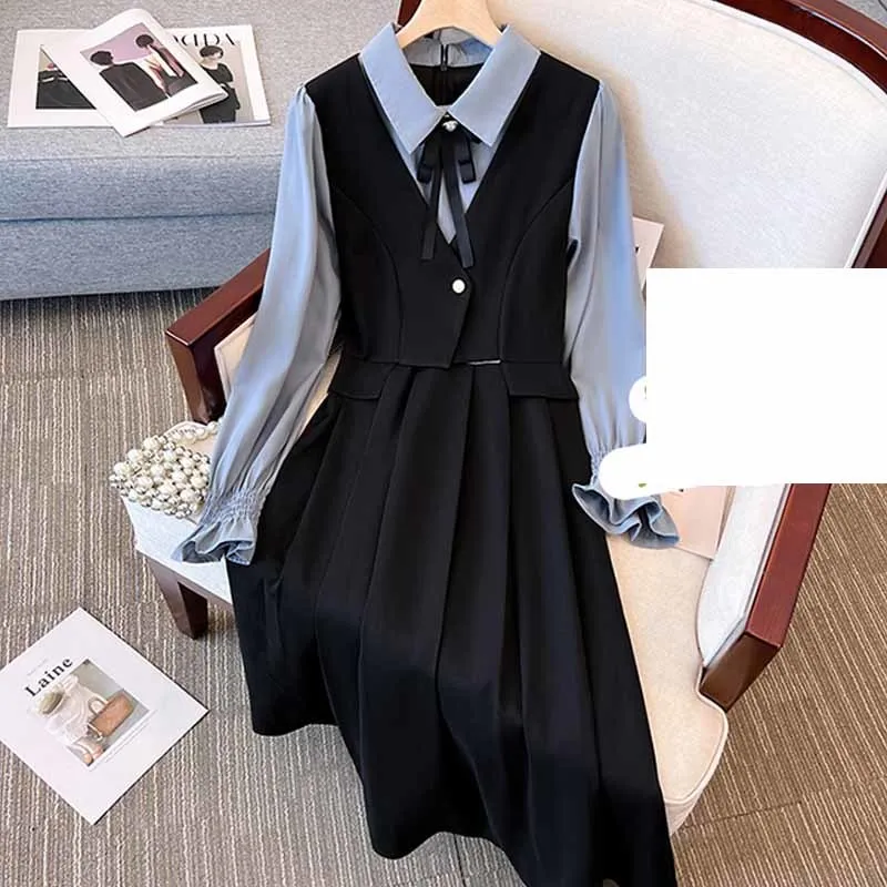 

Ladies Dress Autumn And Winter French Retro Shirt Stitching Lace-Up Bow Beaded Sweet Long Dresses Female L-4XL