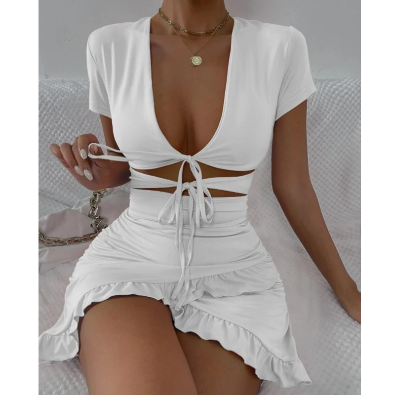 

2022 New Bodycon Dress Lace-up Ruffled Sheath Pleated Dress Women Summer Solid Color Sexy Deep V Bandage Dress
