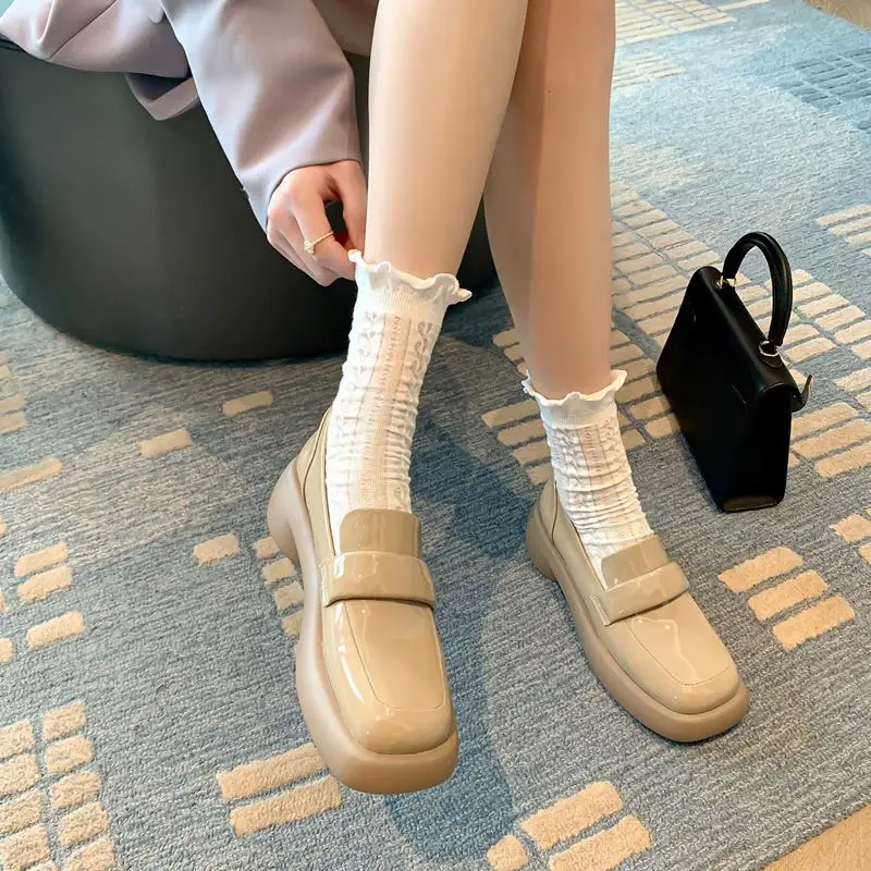 2023 New Natural Genuine Leather Women Heels Shoes Square Toe Thick-soled Waterproof Platform Fashion High Heel Shoes